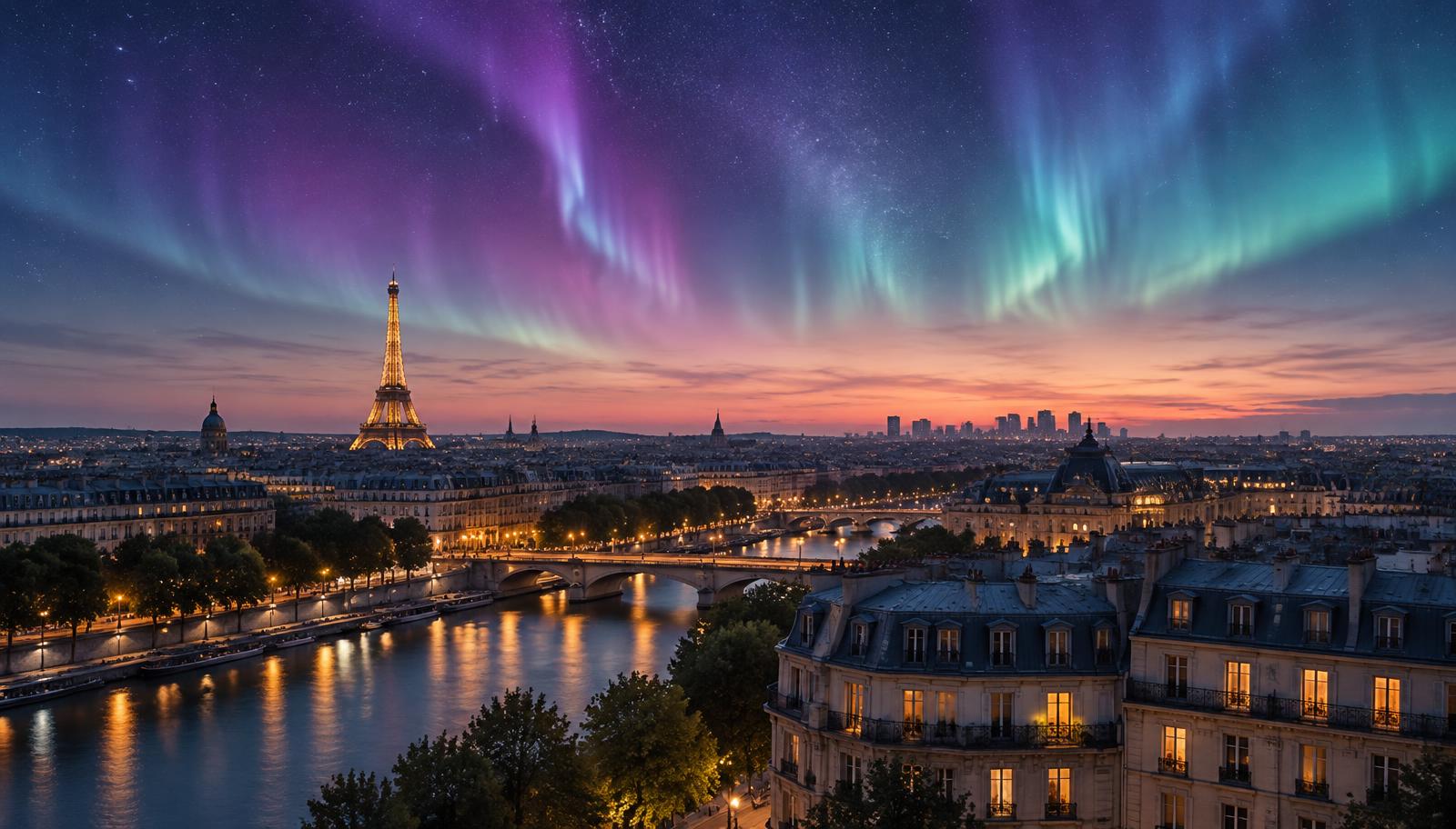 AI ilustrácia panorámy Paríža so Seinou a Eiffelovou vežou pod aurorou; nejde o dokumentárny záber udalostí