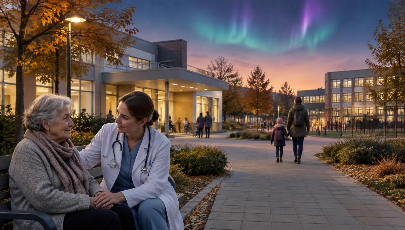 AI ilustrácia zdravotníčky pomáhajúcej seniorke a rodiny na ceste do školy pod jesennou aurorou